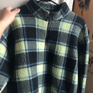 Plaid Cropped Half-Way Zip Sherpa